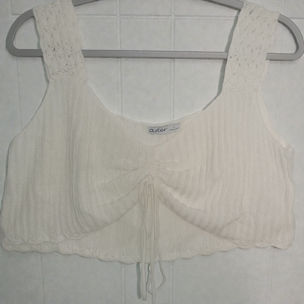 Aster Off White Knit Crop Top Ruched Front Crochet Straps Sleeveless Size L
